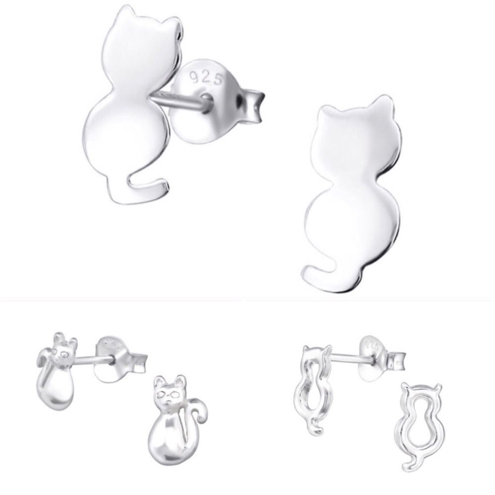925 Sterling Silver Cat Earrings Set of 3